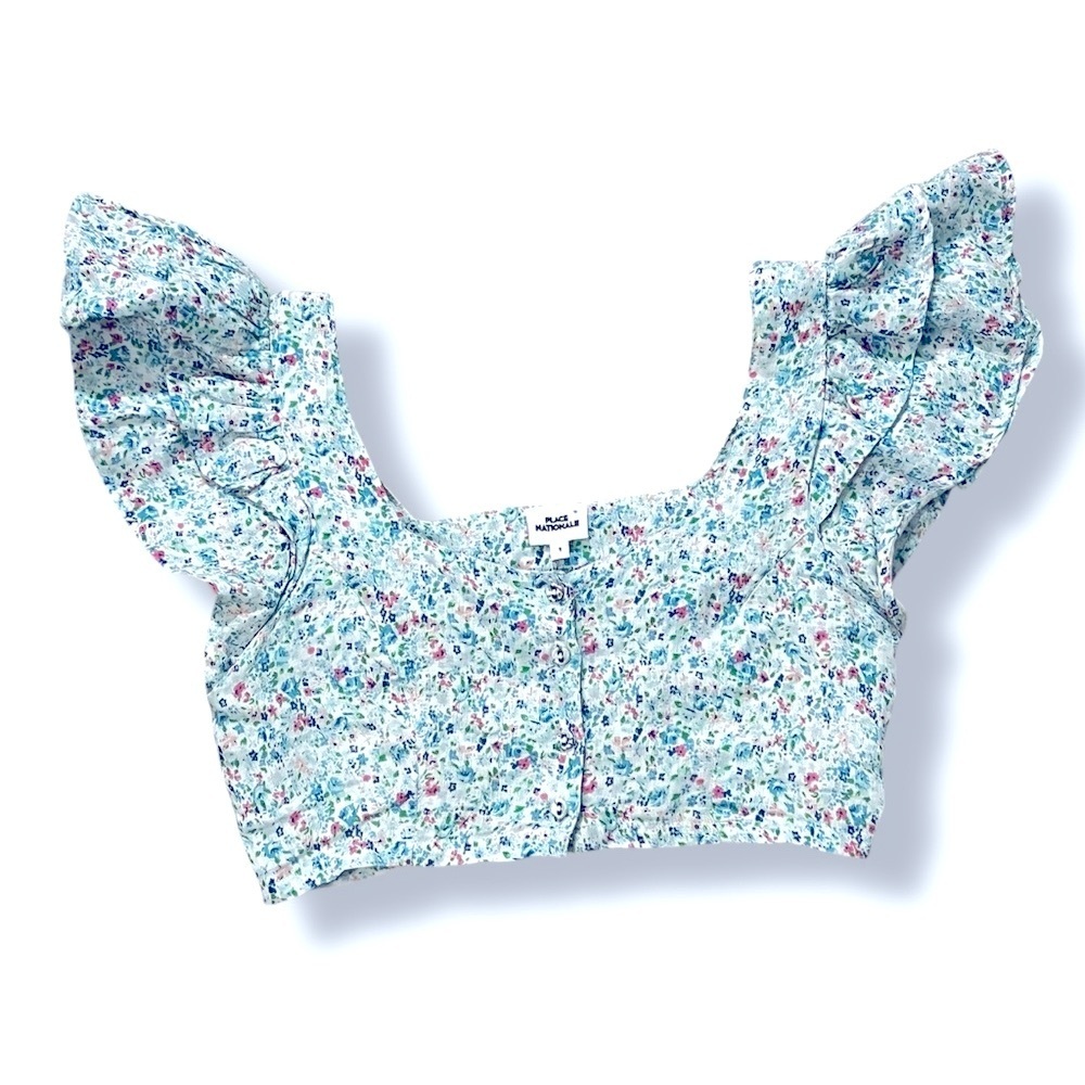 Place Nationale Le Vauclin Crop Top 100% Linen Floral Print Flutter Sleeves XS - Picture 2 of 8